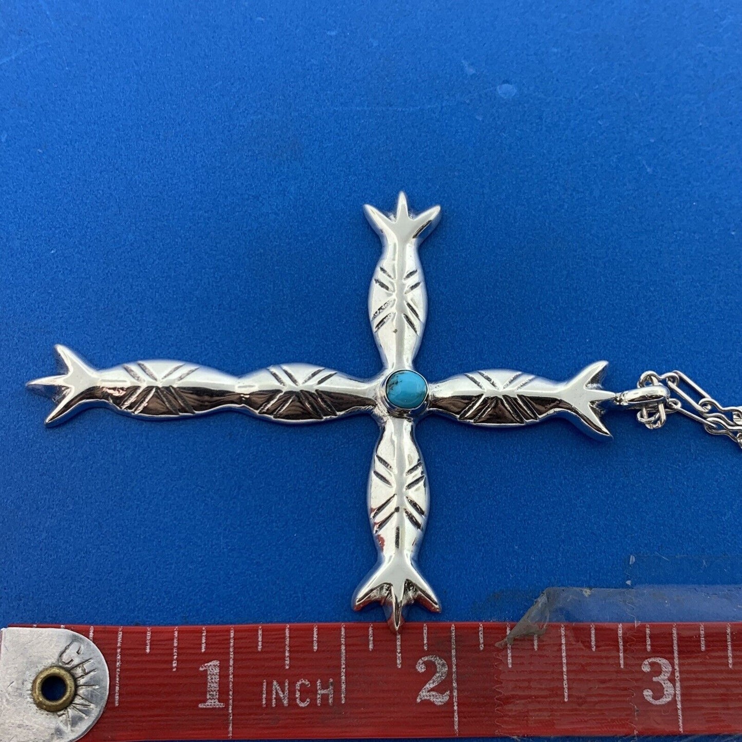 Native American Signed TQ Sterling Silver Turquoise Totem Pole Cross Necklace