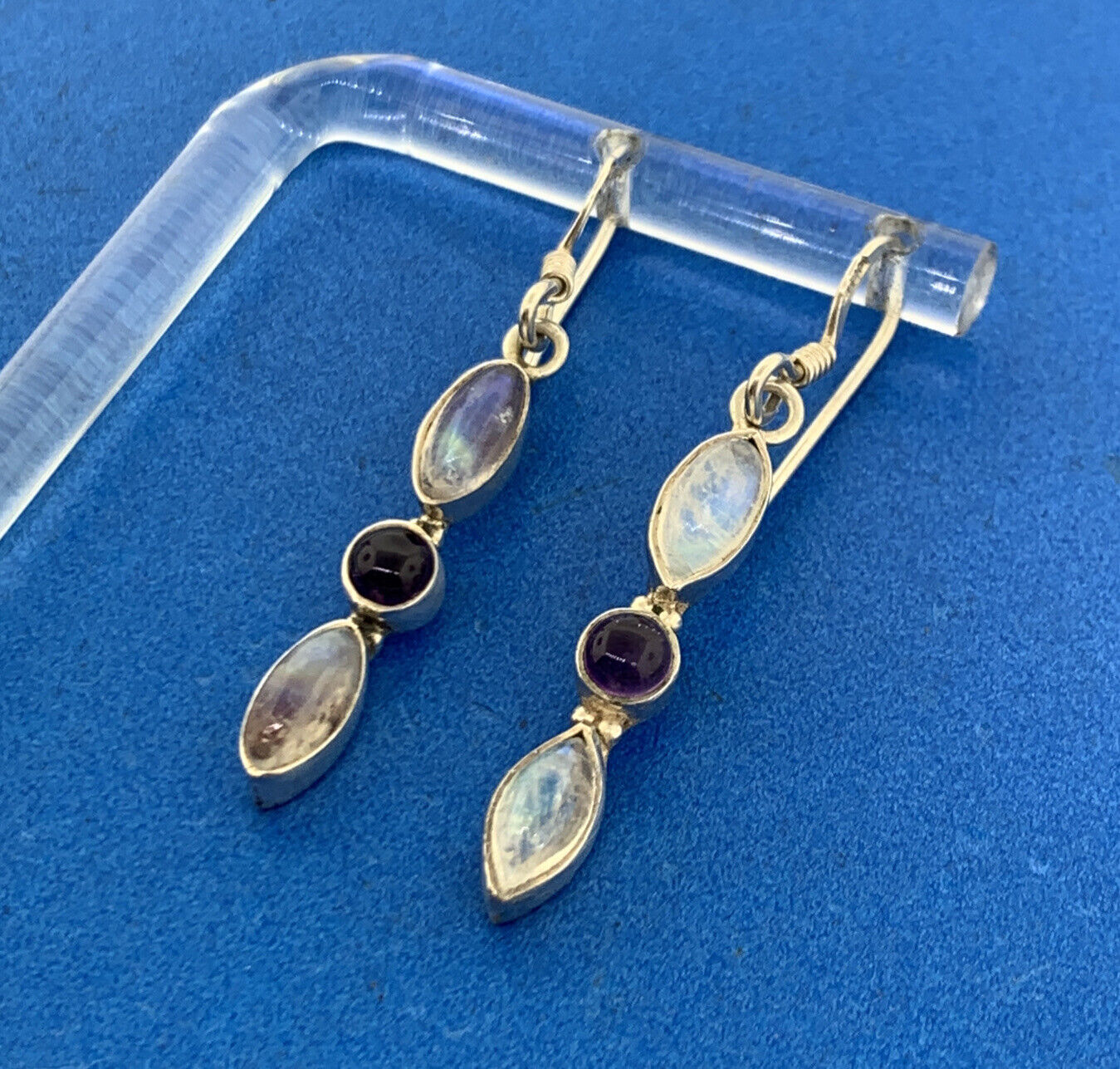 Designer Sterling Silver Moonstone Amethyst Dangle Drop Hook Earrings