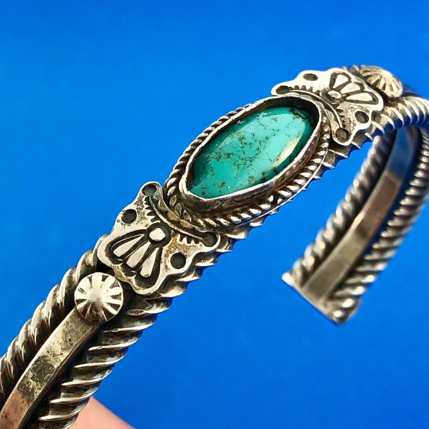 Ella Cowboy Navajo 925 Sterling Silver Turquoise Cabochon Vintage Cuff Bracelet