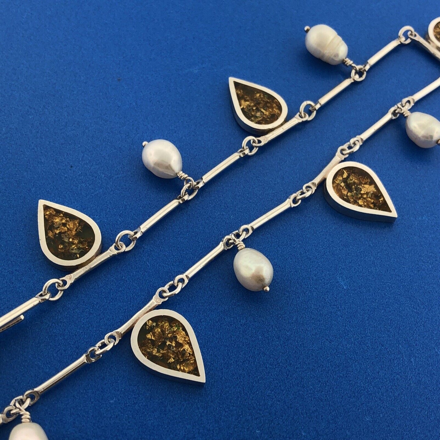Custom 925 Sterling Silver Pearl Gold Flake Statement Toggle Necklace