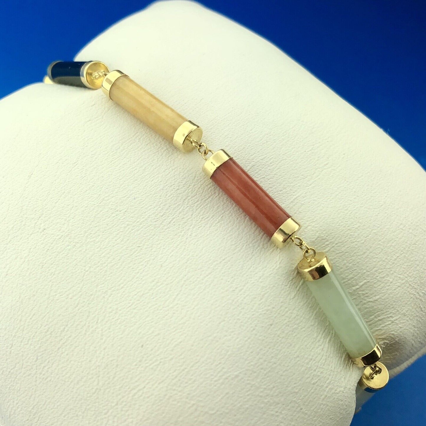 Estate 14K Yellow Gold Coral Black Onyx Jasper Jade Mixed Tubular Bead Bracelet