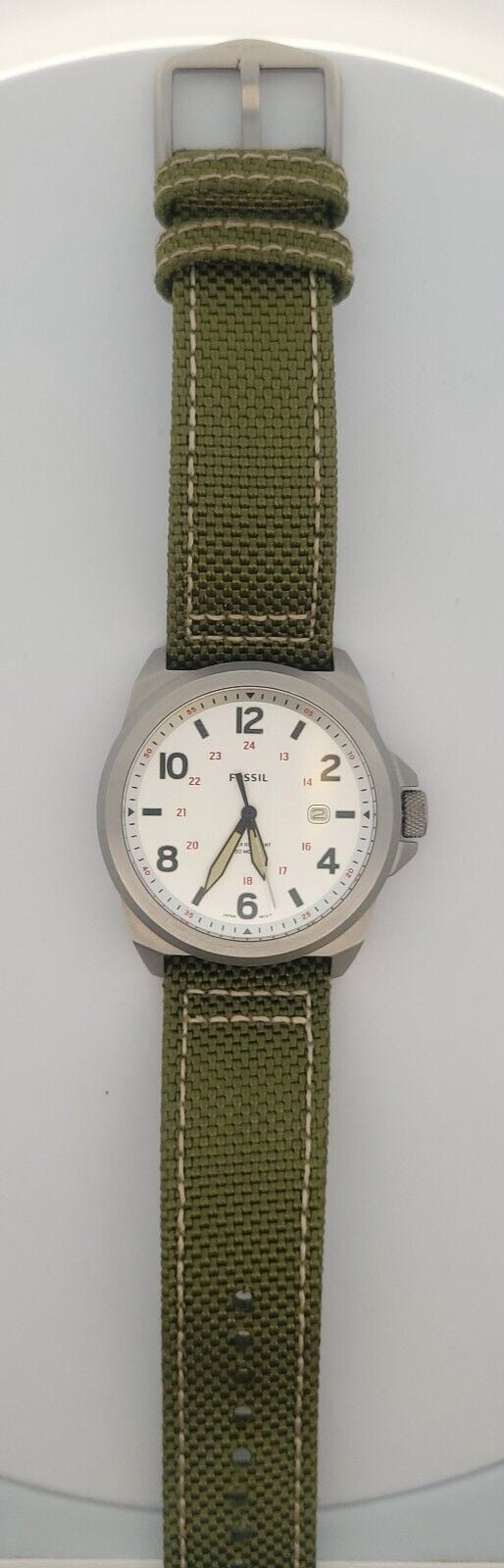 Fossil Bronson Stainless Steel Silver Dial Nylon Band Three-Hand Date Watch