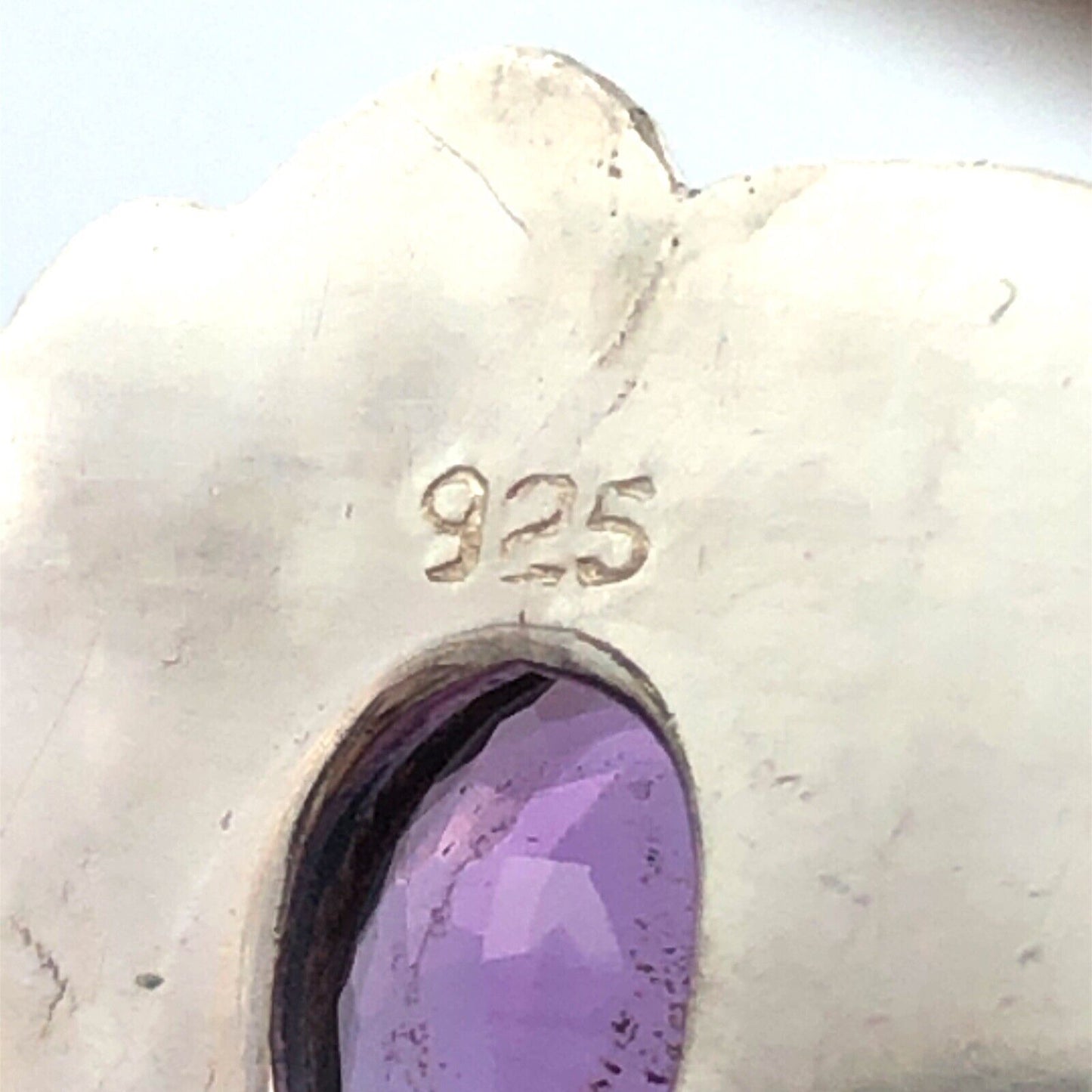 Vintage 925 Sterling Silver Oval Amethyst Floral Scroll Open Cuff Bracelet