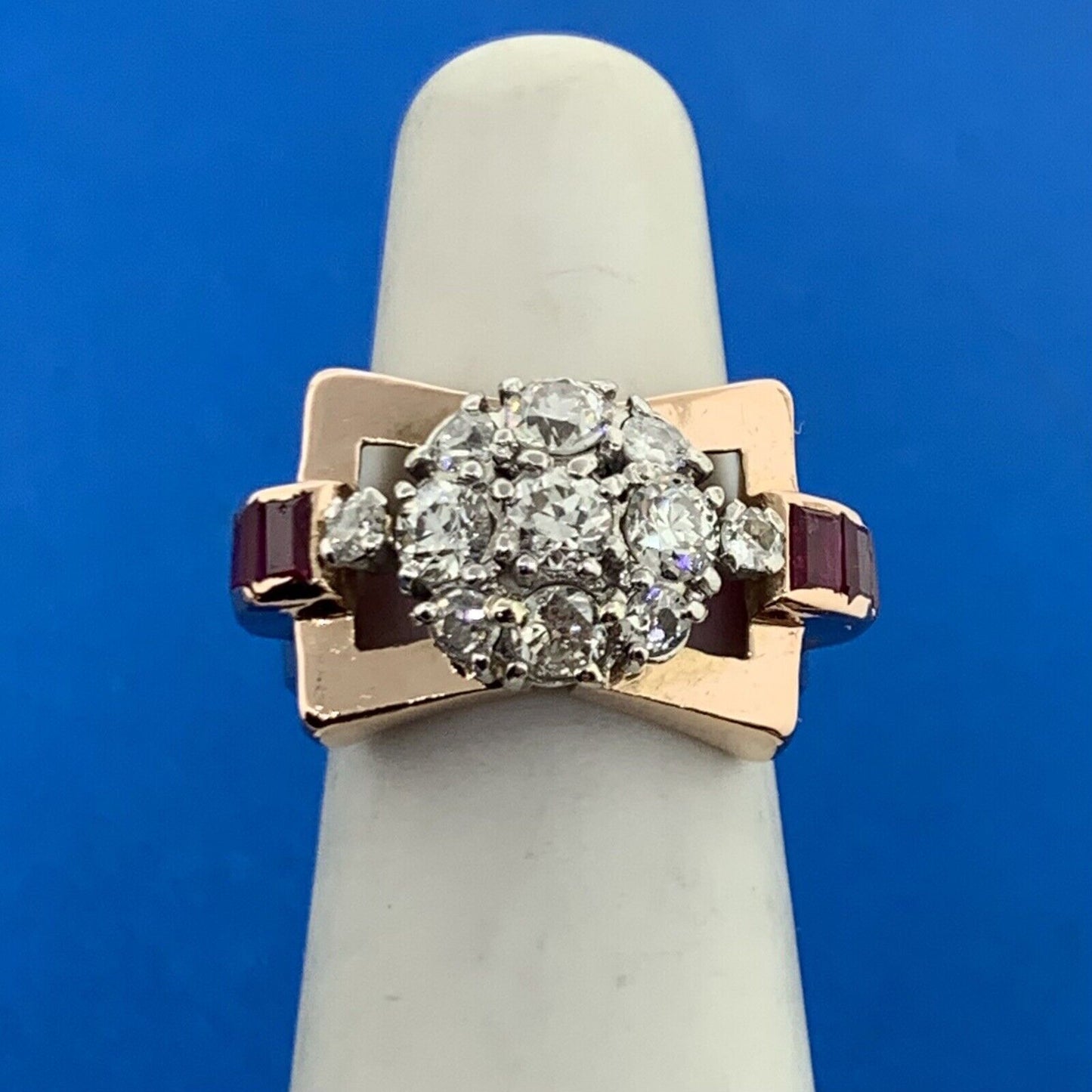 Unusual 14K Rose Gold Diamond Floral Cluster Ruby Baguette Accent Cocktail Ring