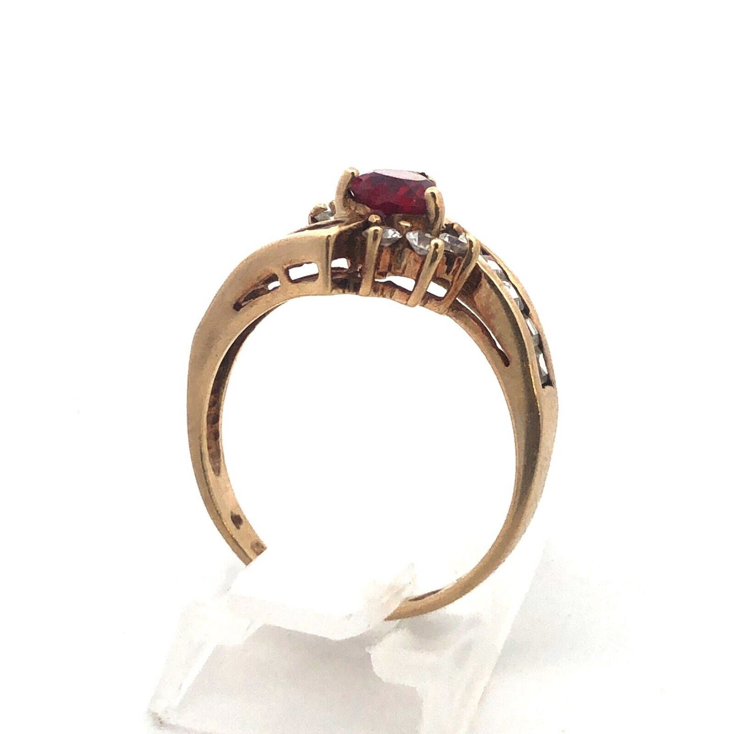 Gorgeous 10k Yellow Gold Heart Cut Red Spinel Sparkling CZ Bypass Ring Size 7