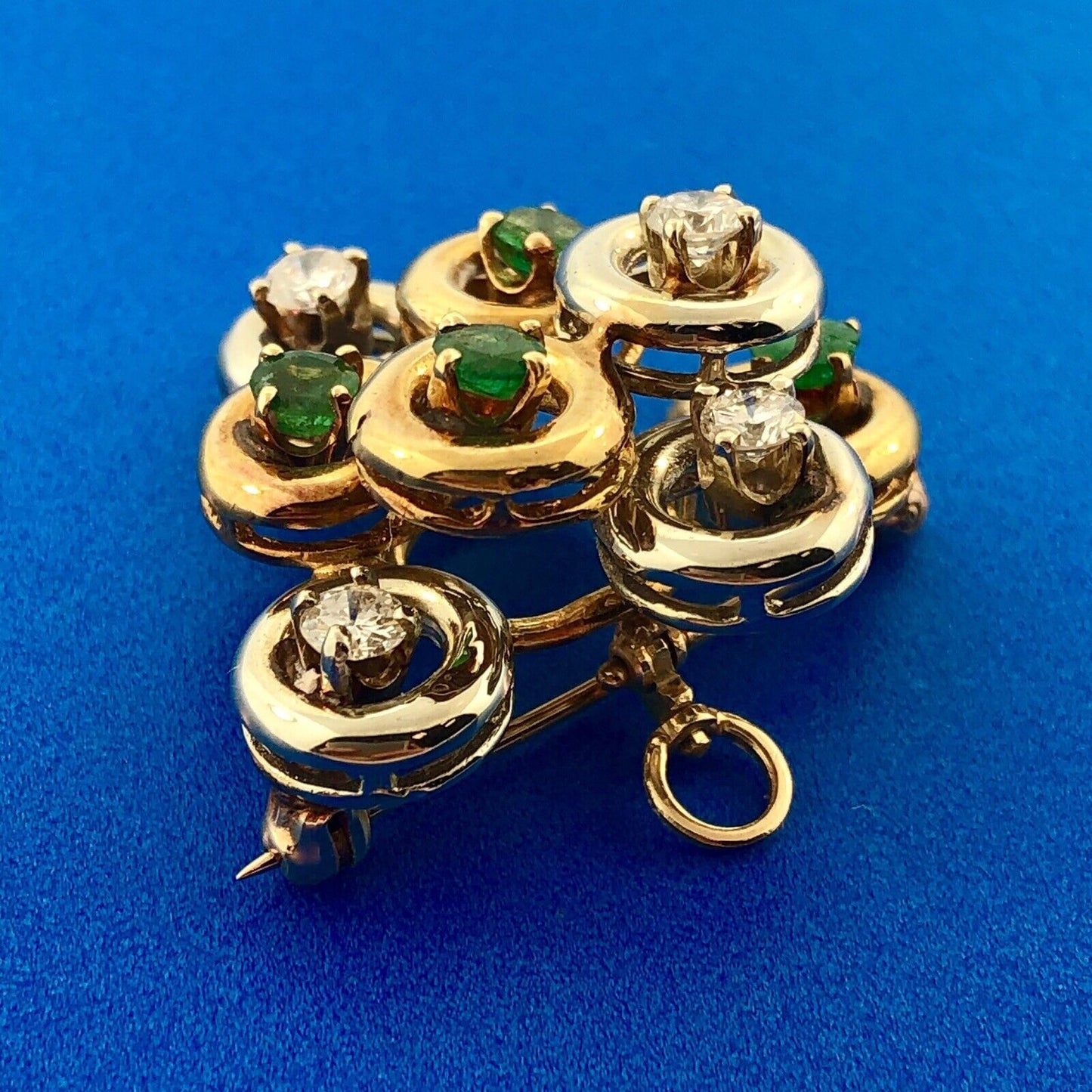 Art Deco 14K White Yellow Gold Diamond Emerald Grape Cluster Pin Brooch Pendant