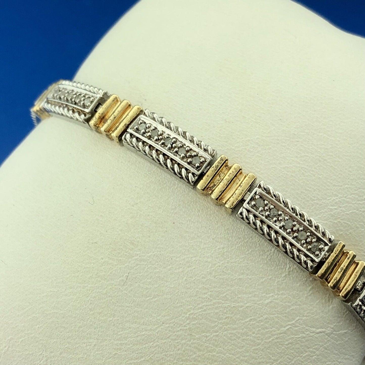 Estate CI 925 Sterling Silver Vermeil Two Tone Diamond Bar Panel Tennis Bracelet
