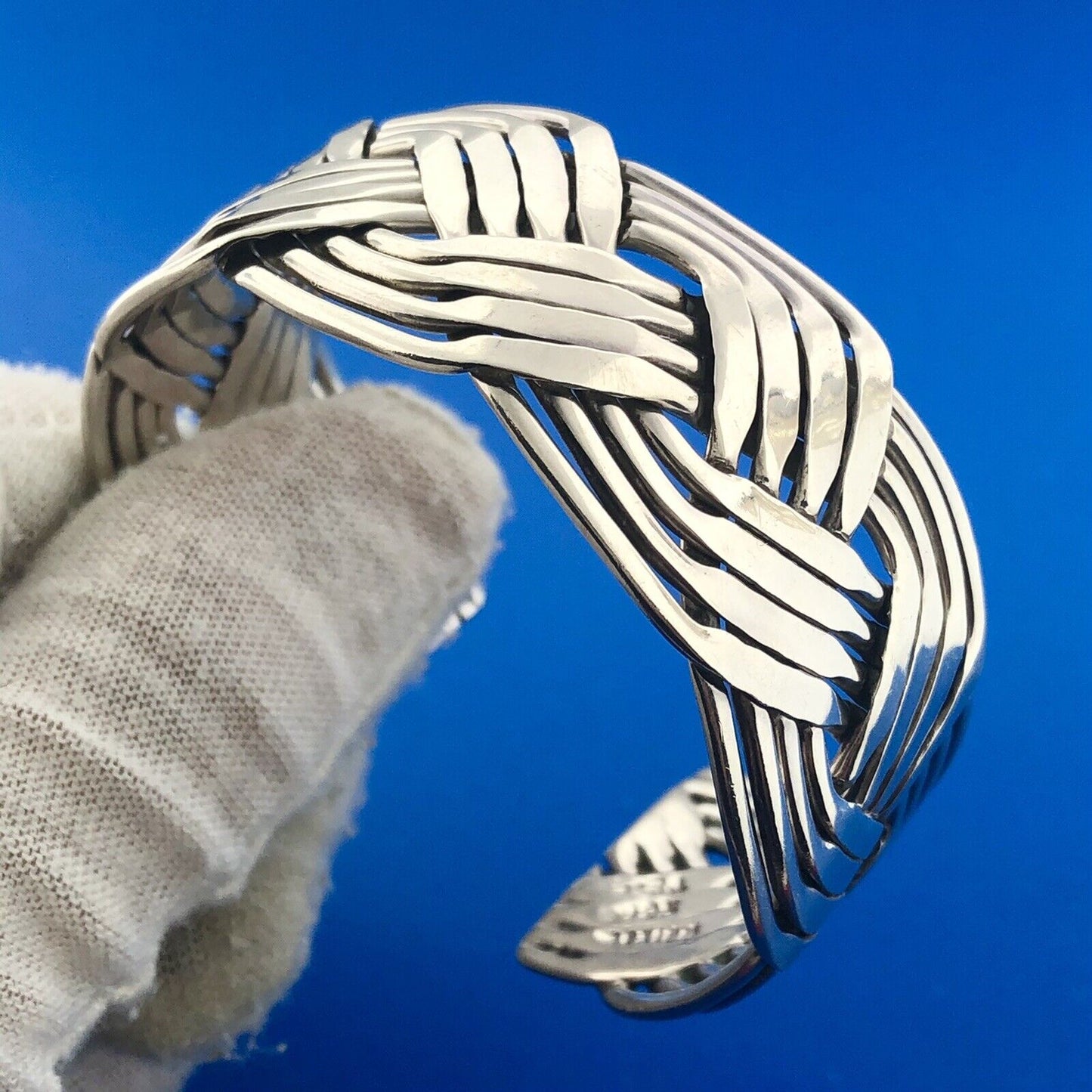 Vintage Taxco Mexico TE-5 925 Sterling Silver Basket Weave Open Cuff Bracelet