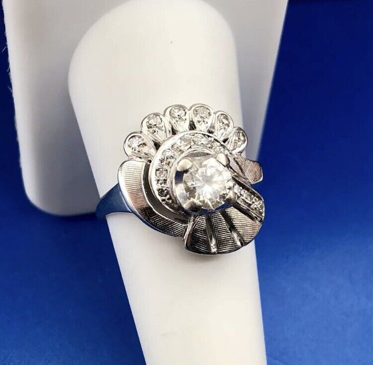 Art Deco 14K White Gold Diamond Solitaire Accents Free Form Engagement Ring