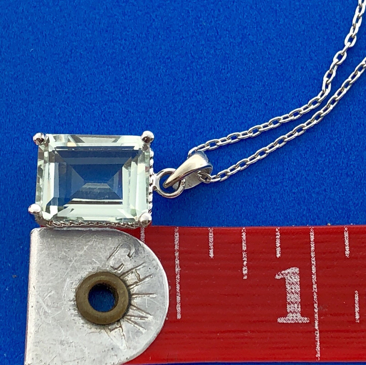 14K White Gold Emerald Cut Green Topaz Solitaire Drop Pendant Necklace