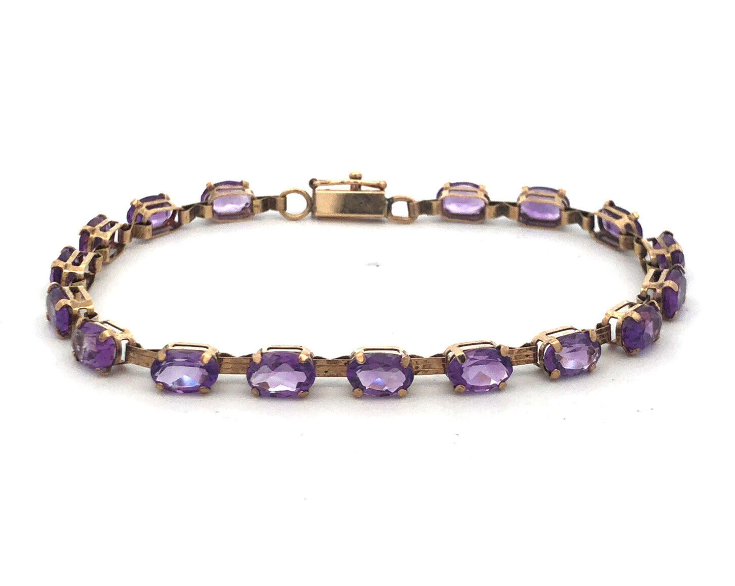 Vintage 10K Oval Amethyst Panel Bar Link February Anniversary Tennis Bracelet