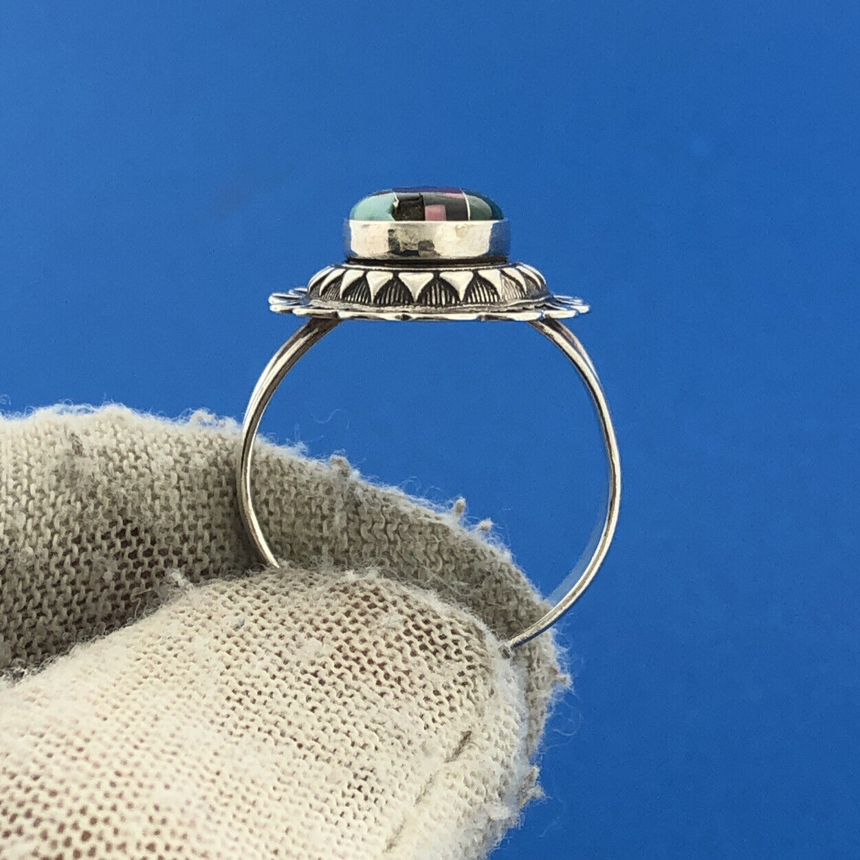 Native American Signed R.B. 925 Sterling Silver Mixed Gemstone Inlay Concho Ring