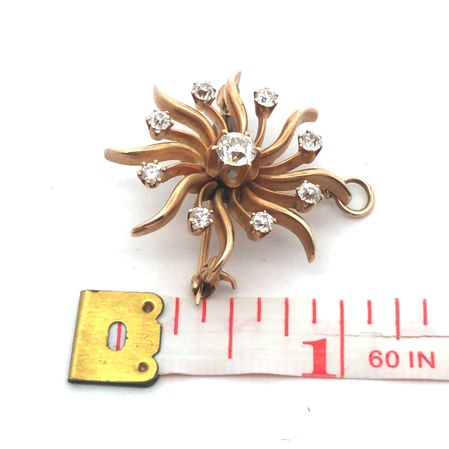 Designer Art Deco 14K Yellow Gold Diamond Pin Brooch Pendant