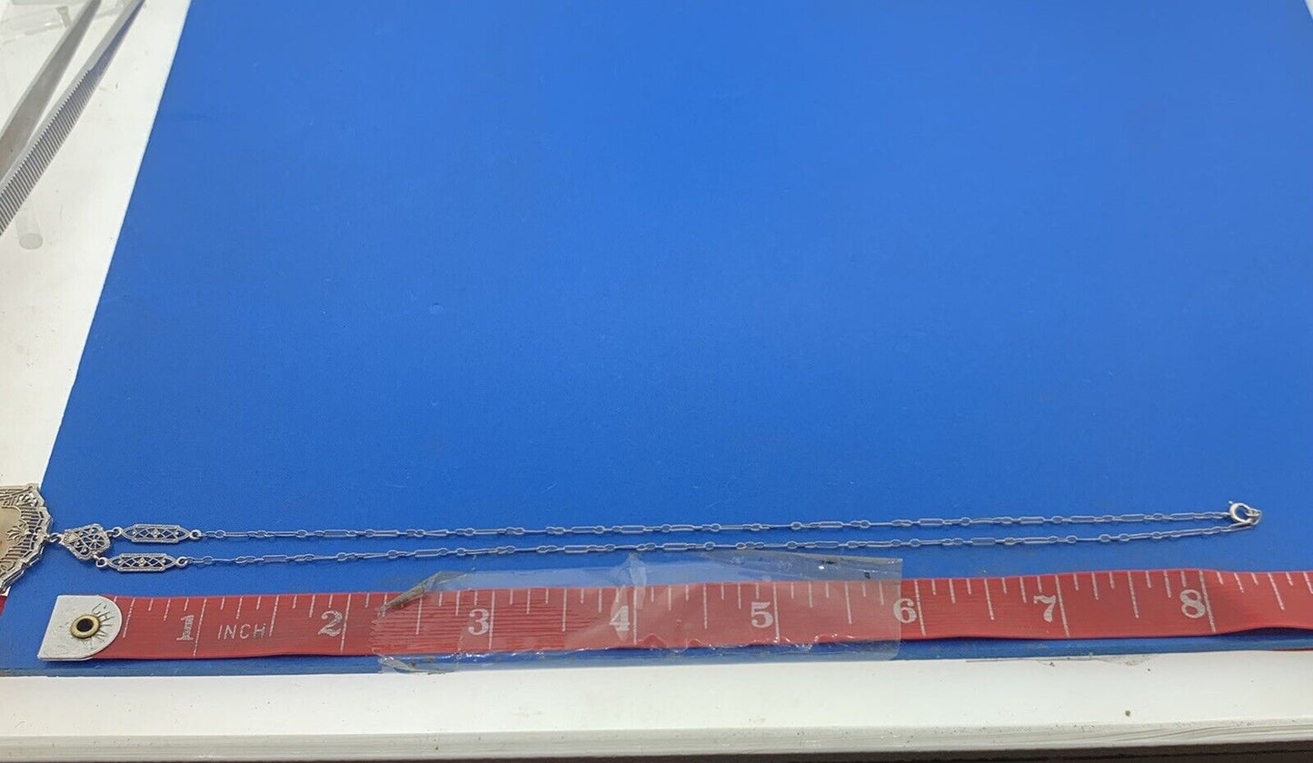 Antique 10K White Gold White Sapphire Aqate Filigree Statement Pendant Necklace