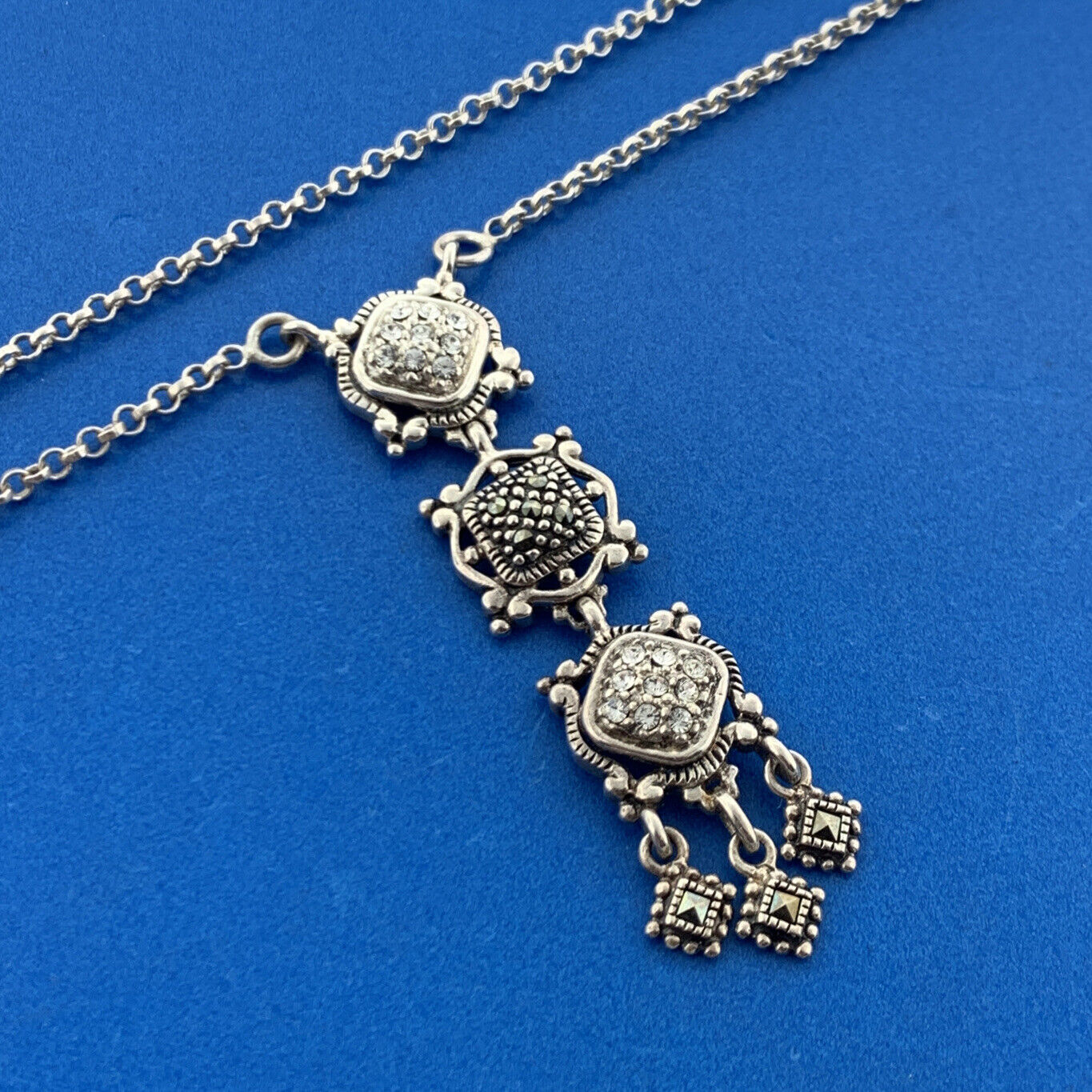 Stunning Sterling Silver 925 Round Sparkling CZ & Marcasite 17" Chain Necklace