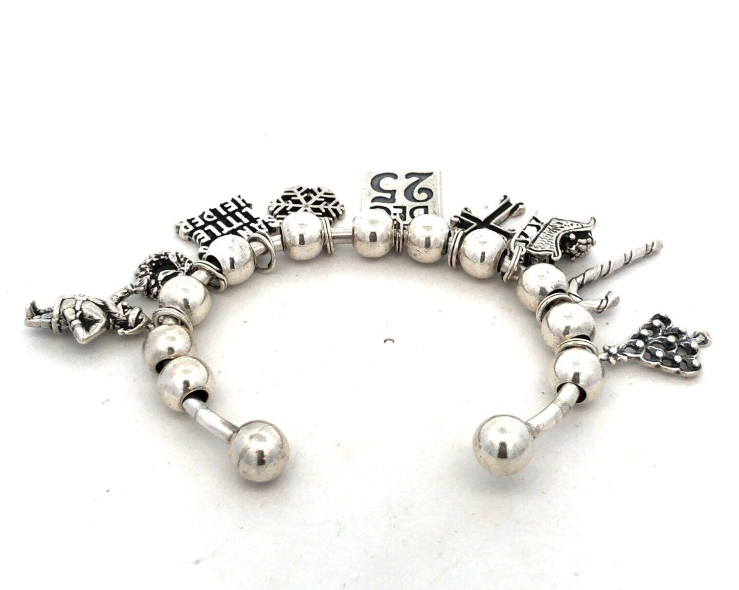 Vintage SJC 925 Sterling Silver Christmas Holiday Theme Beaded Charm Bracelet