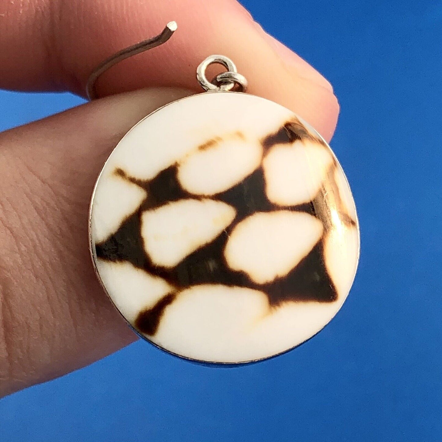 Retro 925 Sterling Silver Brown White Enamel Spotted Skin Disc Dangle Earrings
