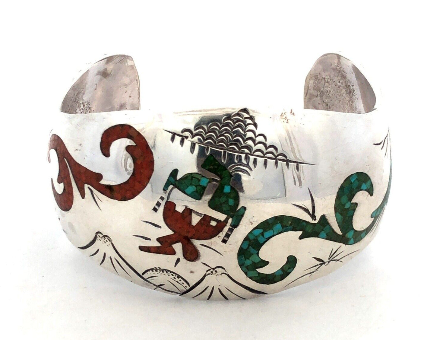 Native American BT 925 Sterling Silver Turquoise Coral Storyteller Cuff Bracelet