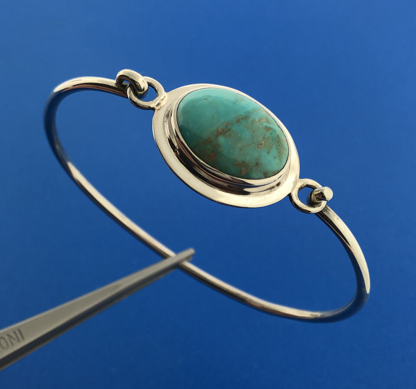 Retro Taxco Mexico 925 Sterling Silver Turquoise Cabochon Hinged Cuff Bracelet