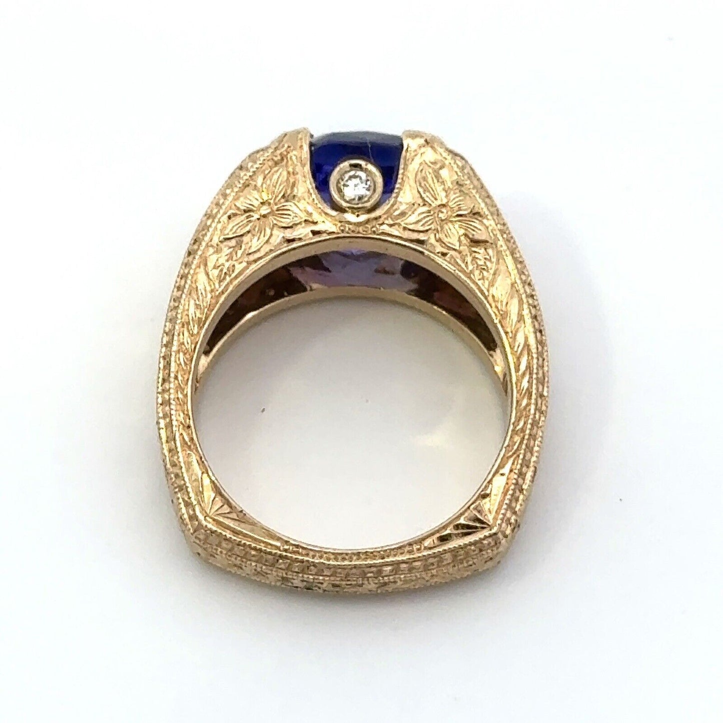 Designer 14K Yellow Gold Round Amethyst Diamond Floral Vintage Filigree Ring