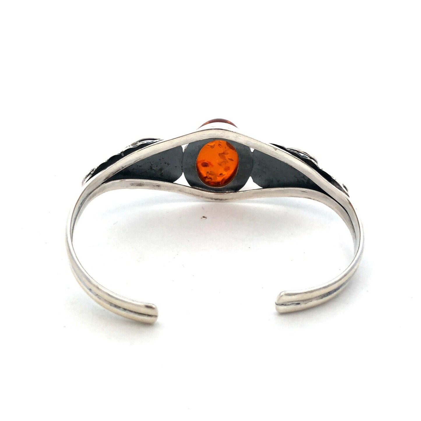 Vintage 925 Sterling Silver Oval Amber Leaves Nature Cuff Bracelet