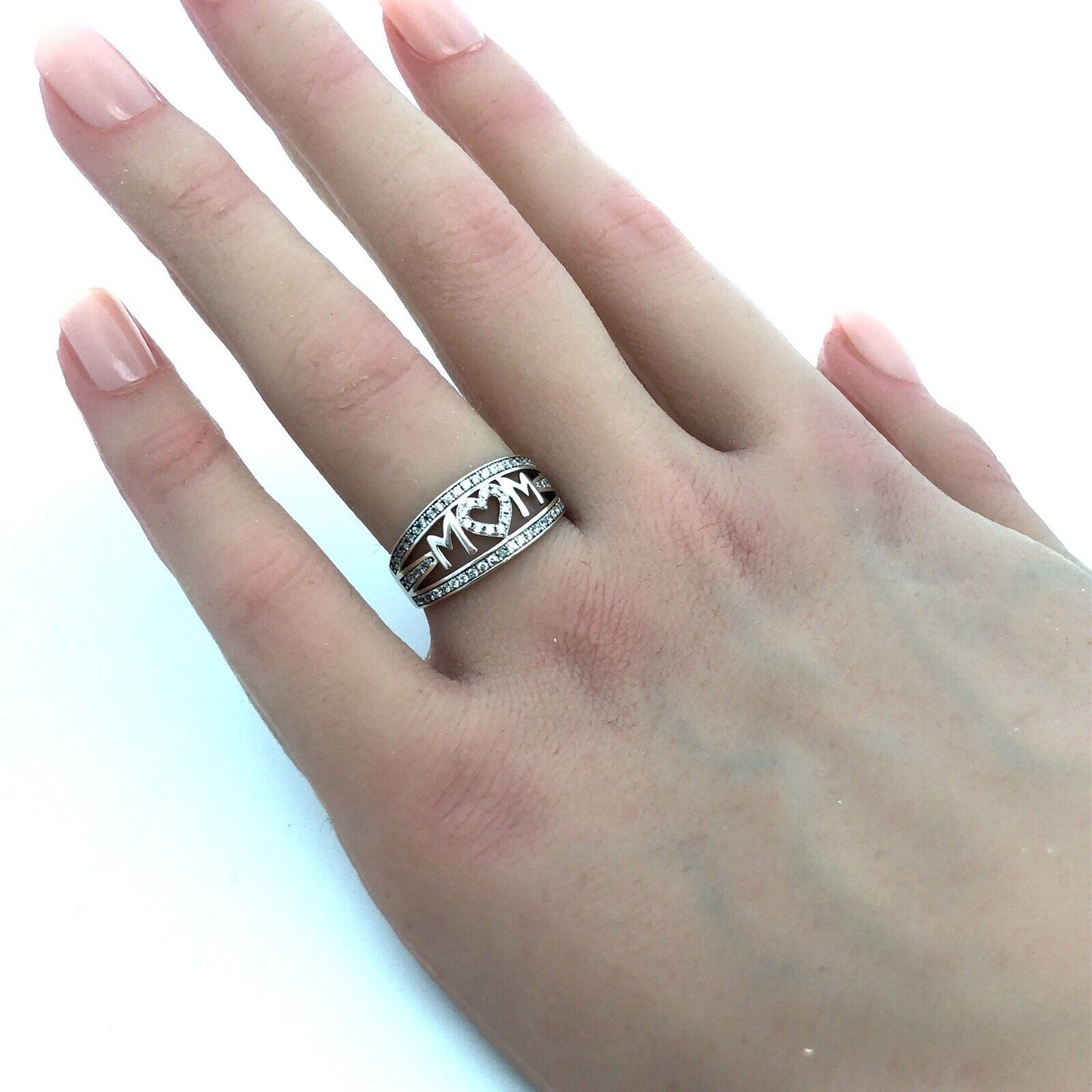 925 Sterling Silver Estate Cubic Zirconia CZ MOM Mother Heart Love Band Ring