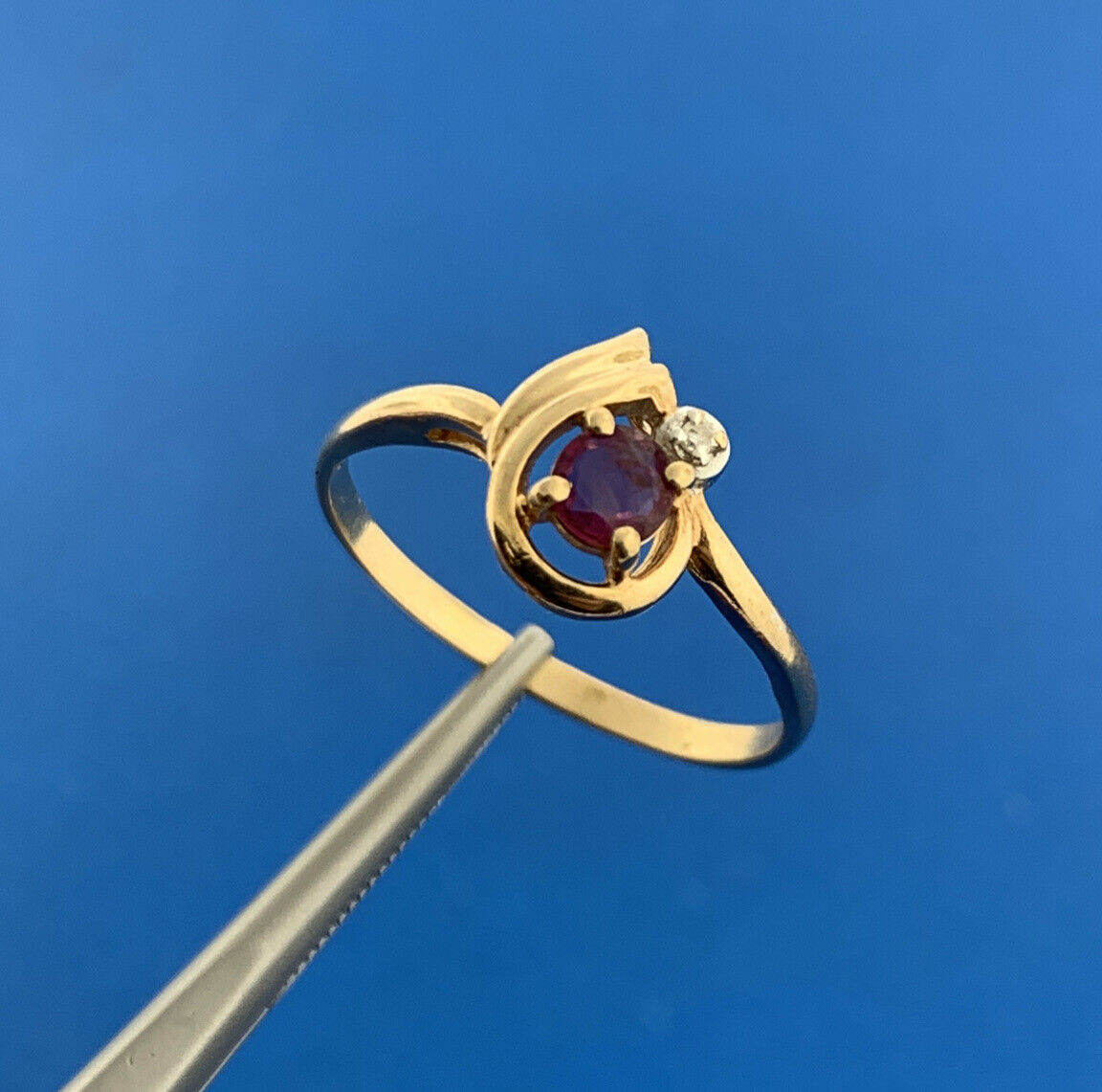 Vintage 10K Yellow Gold Ruby Solitaire Diamond Accented July Anniversary Ring