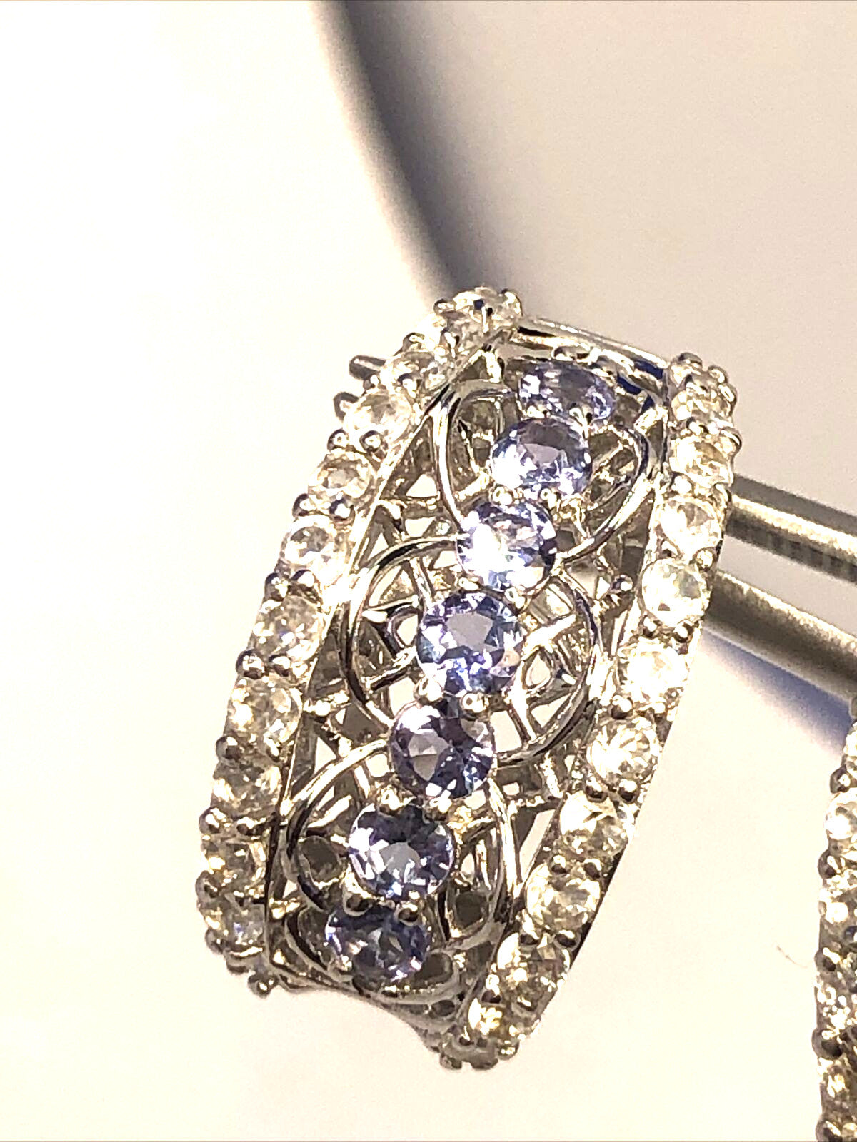 Designer 925 Sterling Silver Tanzanite & White Topaz Shrimp Style Stud Earrings
