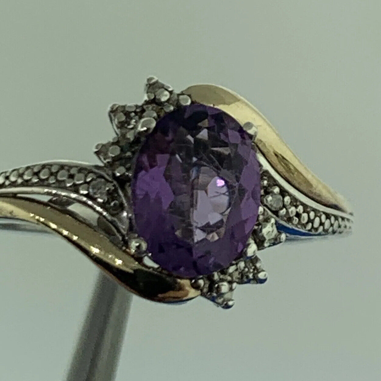 Designer 925 Sterling Silver 10K Gold Two Tone Amethyst Diamond Ring