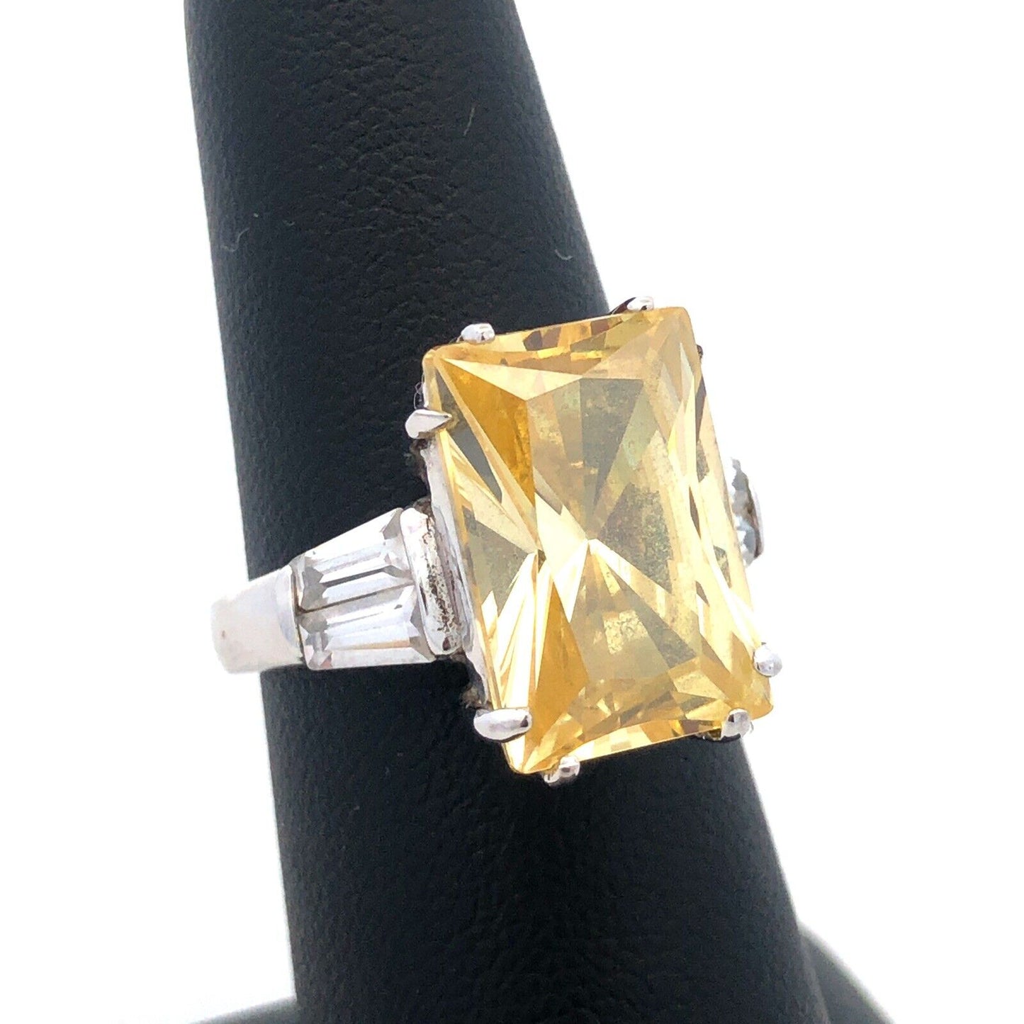 Designer CWE 925 Sterling Silver Radiant Emerald Lemon Quartz CZ Accent Ring