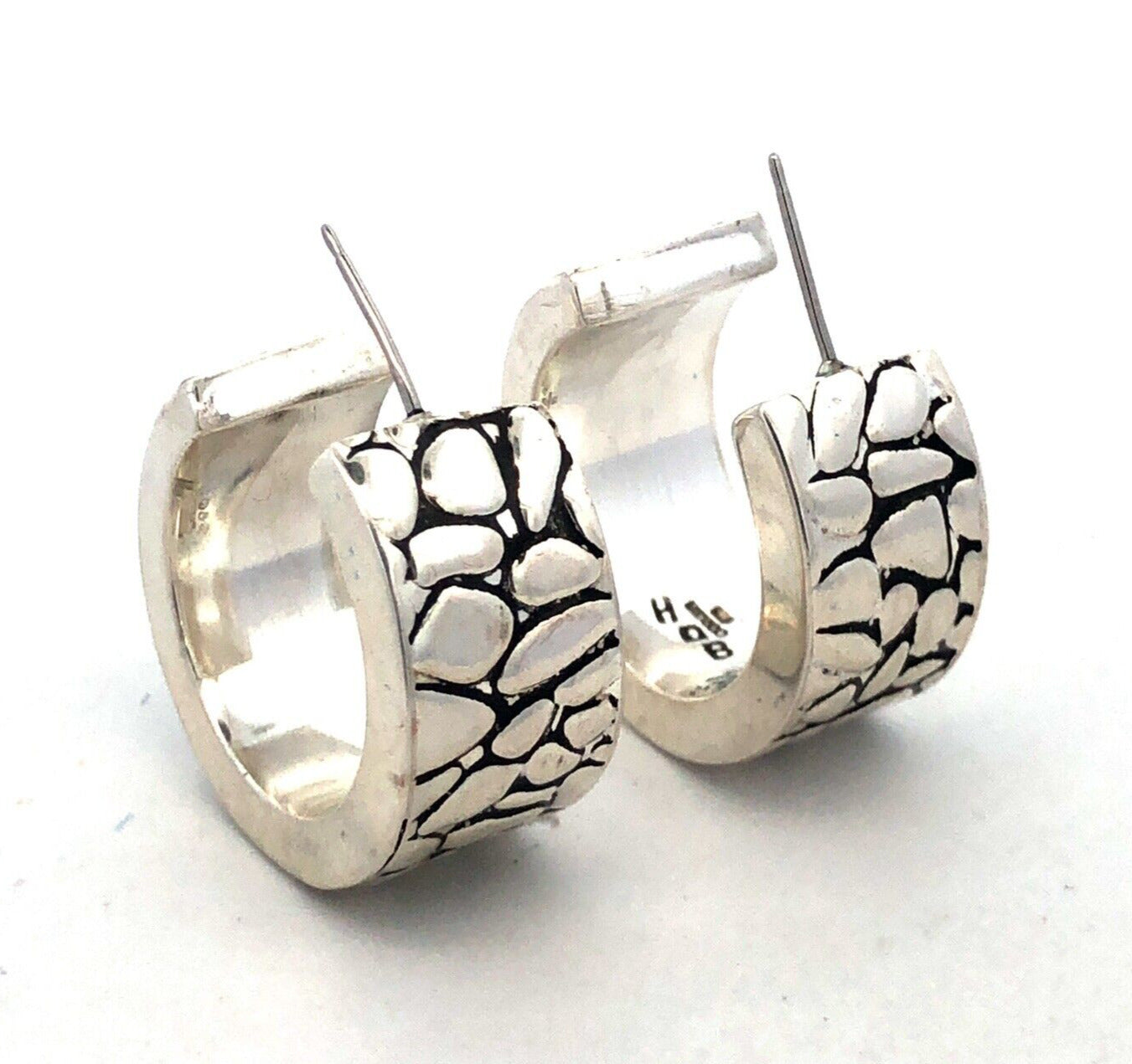Designer HDB Mexico 925 Sterling Silver Pebbled Cobblestone Wide Hoop Earrings