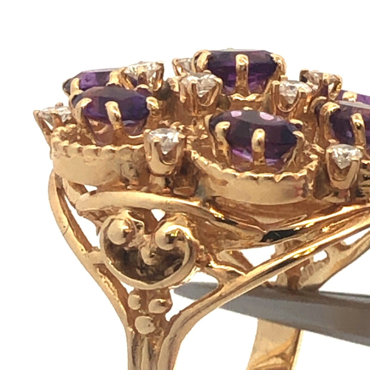 Vintage 14K Yellow Gold Amethyst Diamond Statement Anniversary Cocktail Ring
