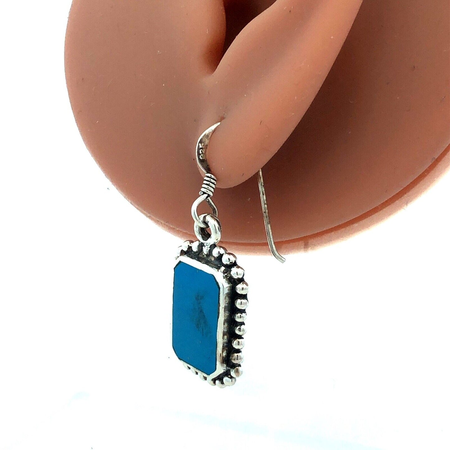 925 Sterling Silver Vintage Rectangle Turquoise Dangle Hook Earrings