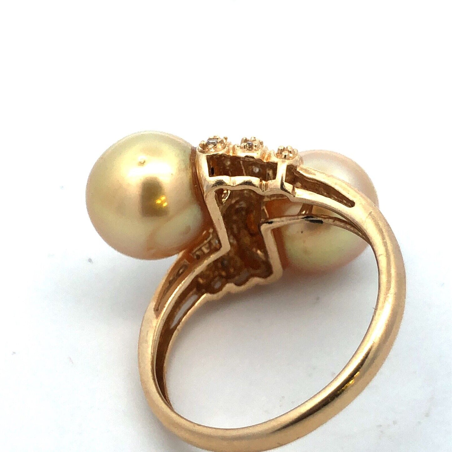 Designer 14K Yellow Gold Champagne Pearl Diamond Accented Bypass Cocktail Ring