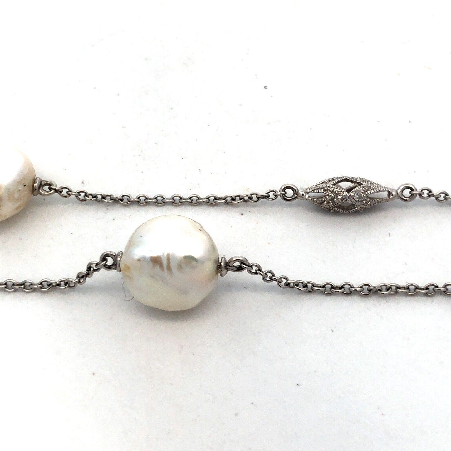 Estate 14K White Gold Art Deco Baroque Pearl Diamond Station Beaded Necklace