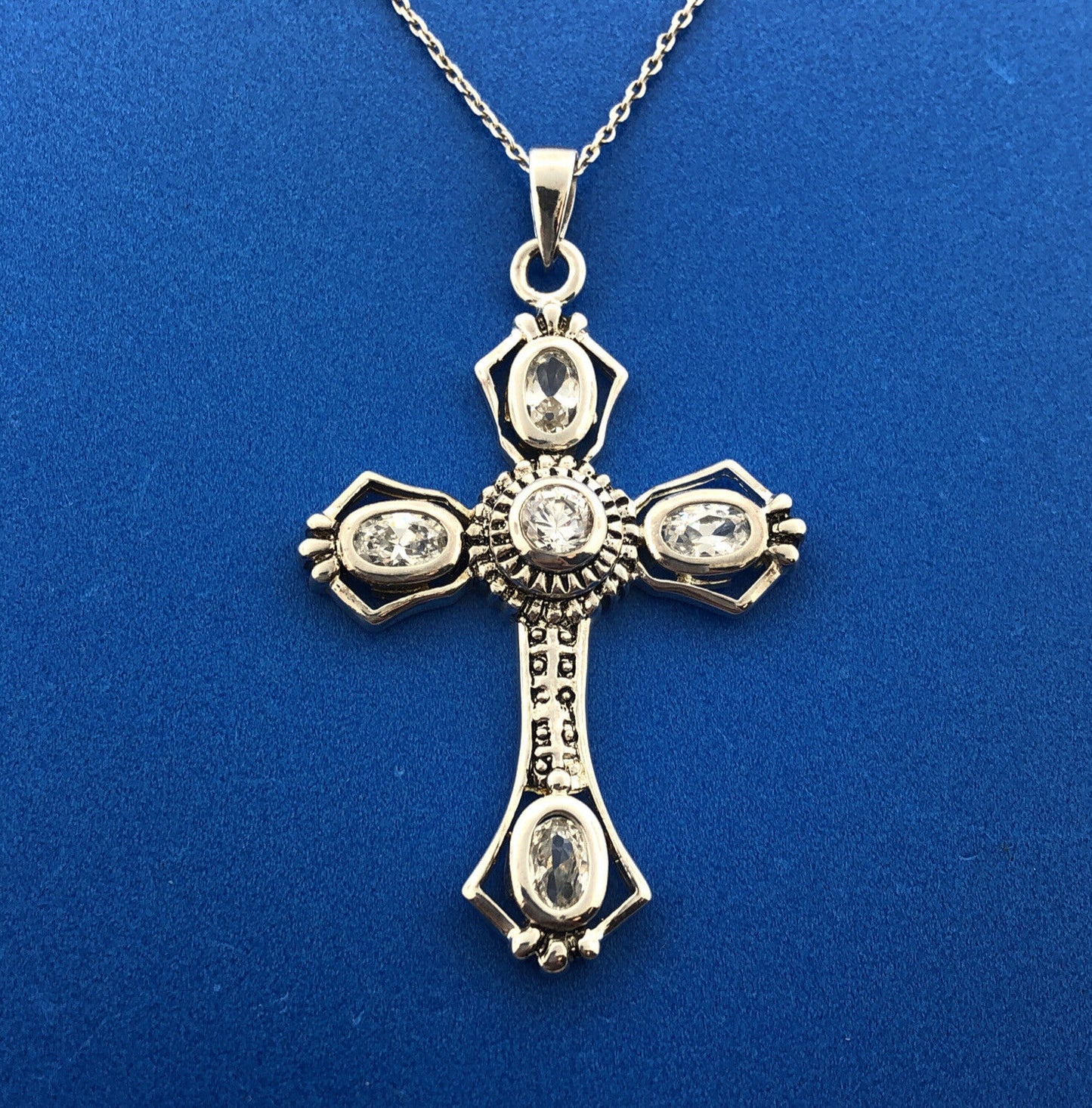 Designer Sterling Silver 925 Cubic Zirconia Religious Cross Statement Necklace