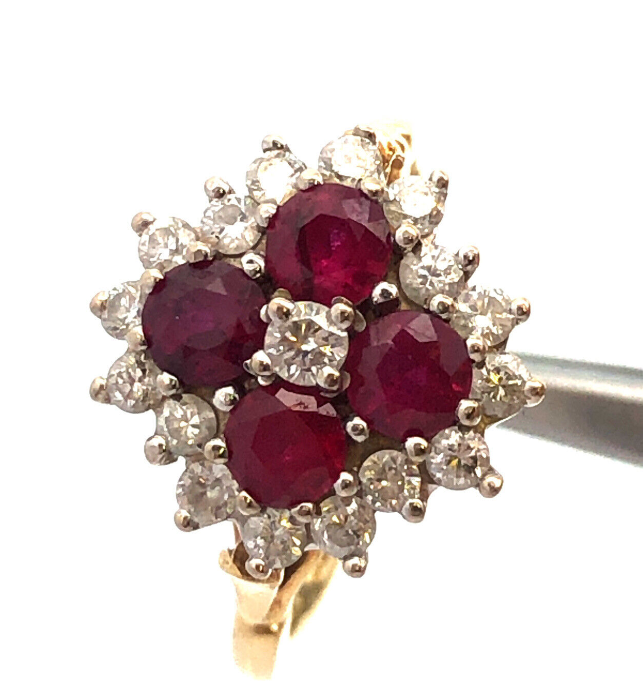Estate Designer 18K Yellow Gold Ruby Diamond Flower Cluster Cocktail Ring