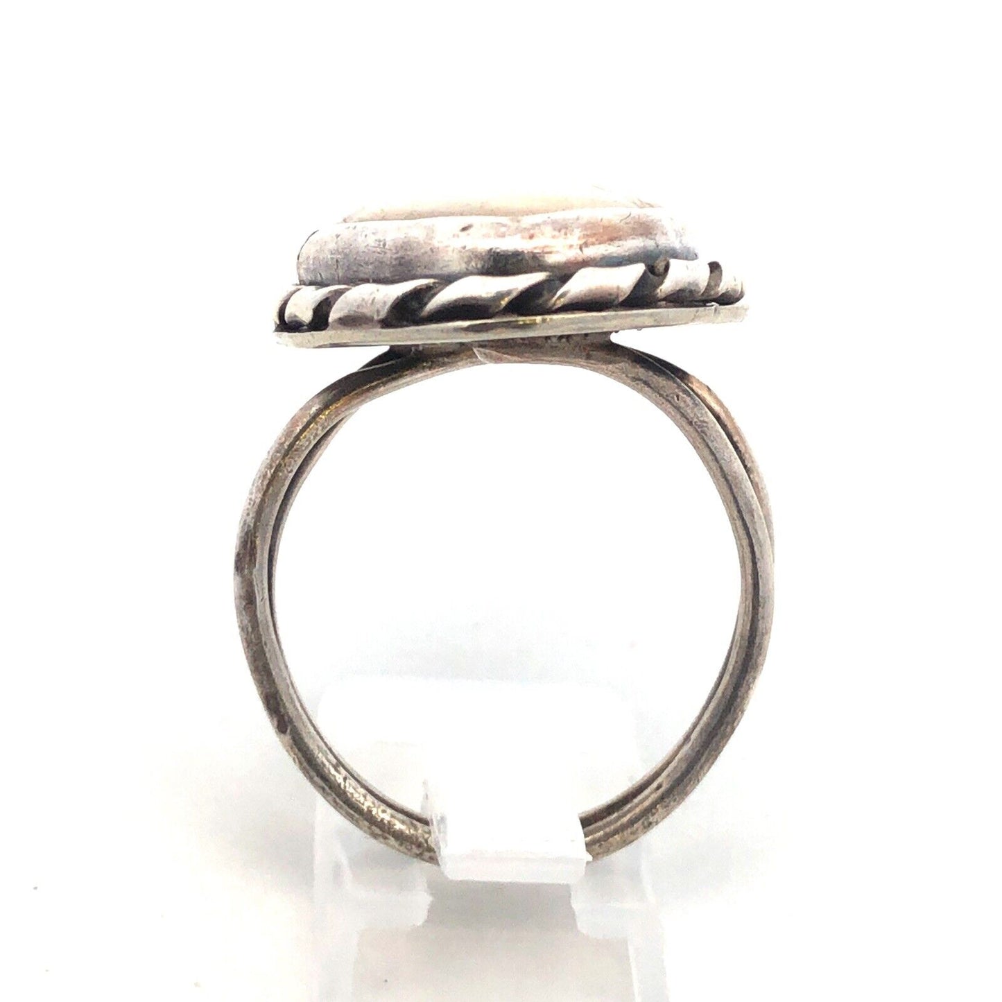 Vintage 925 Sterling Silver Oval White Lace Agate Cabochon Large Size 12.5 Ring