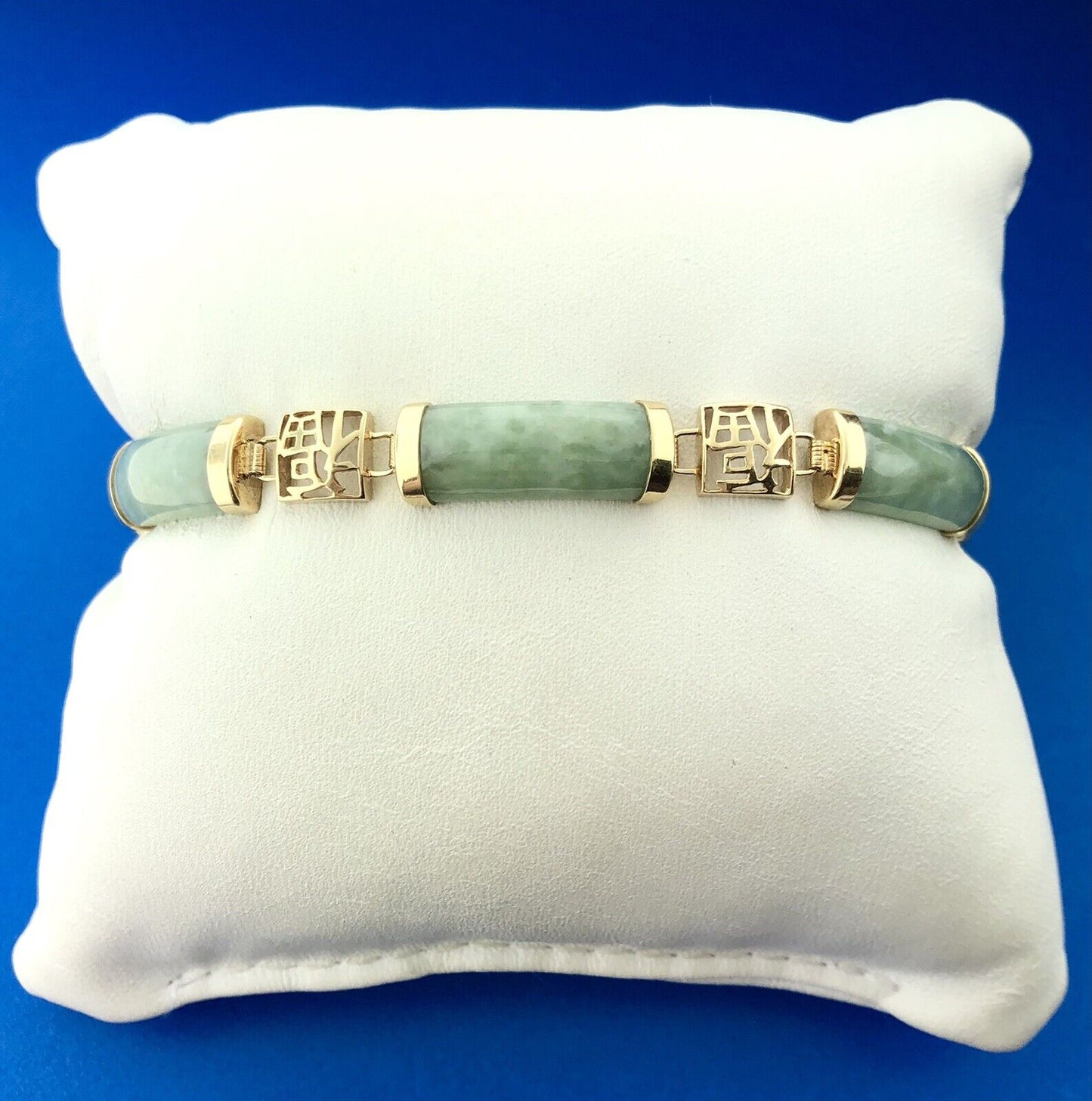 Retro 14K Yellow Gold Jade Jadeite Good Luck Character Statement Panel Bracelet