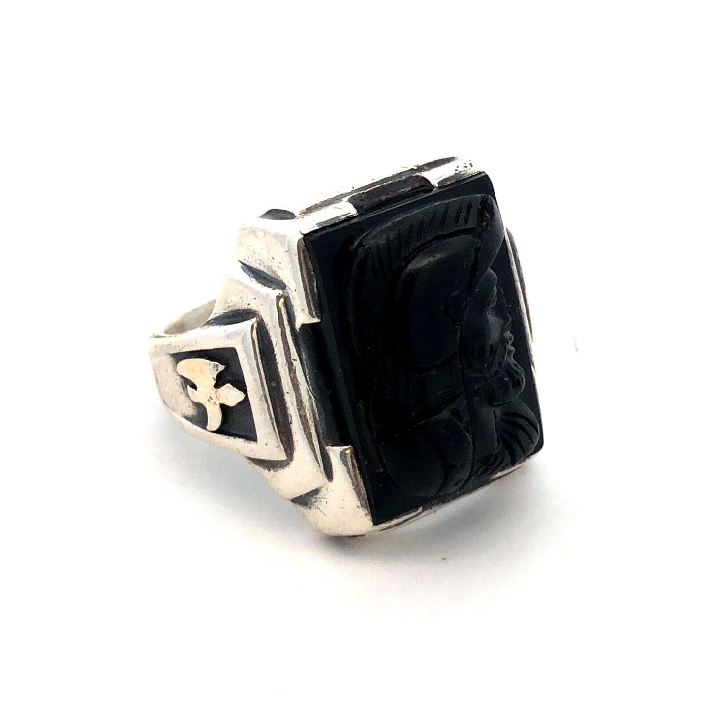 Designer G 925 Sterling Silver Carved Black Onyx Viking Roman Soldier Mens Ring