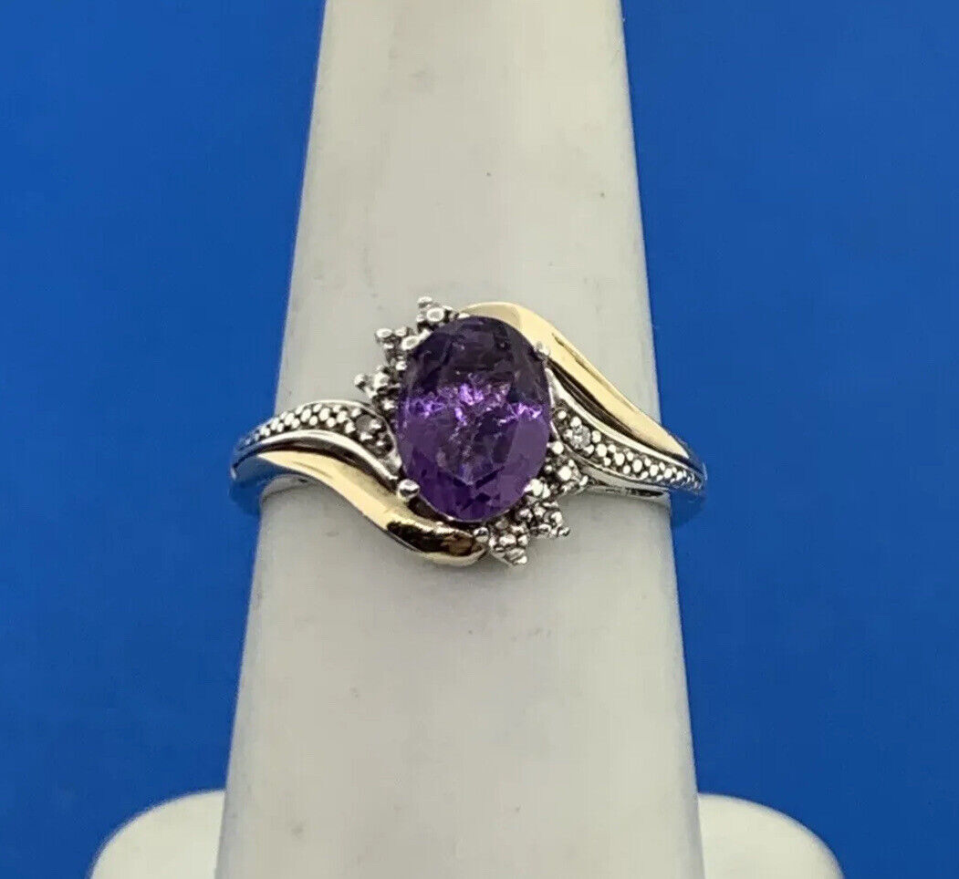 Designer 925 Sterling Silver 10K Gold Two Tone Amethyst Diamond Ring