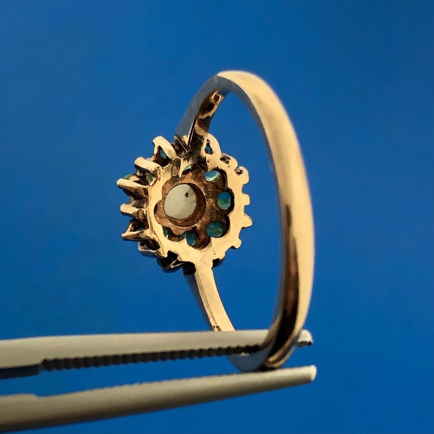 Gorgeous English 14k Yellow Gold Opal Round Emerald Cluster Ring Size 7.25