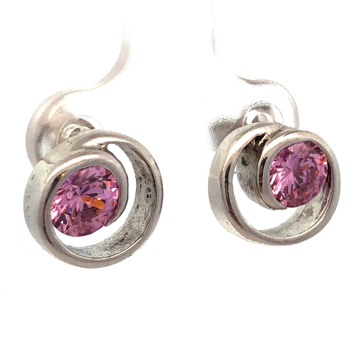 925 Sterling Silver Round Pink Tourmaline Solitaire Swirl Stud Earrings