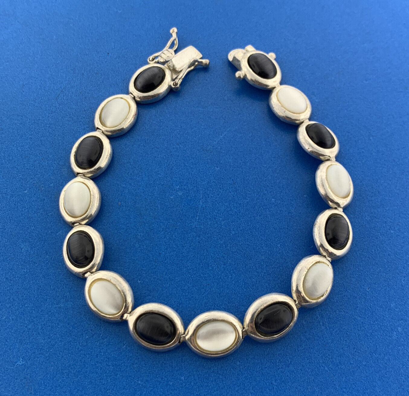 Vintage FAS Sterling Silver Black White Star Sapphire Cabochon Tennis Bracelet
