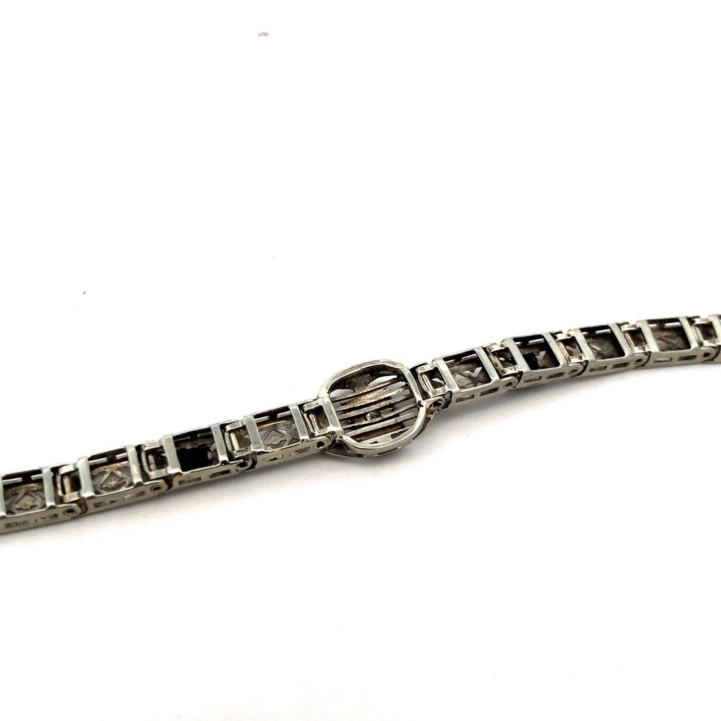 Vintage Art Deco 10K White Gold Diamond Sapphire Filigree Panel Tennis Bracelet