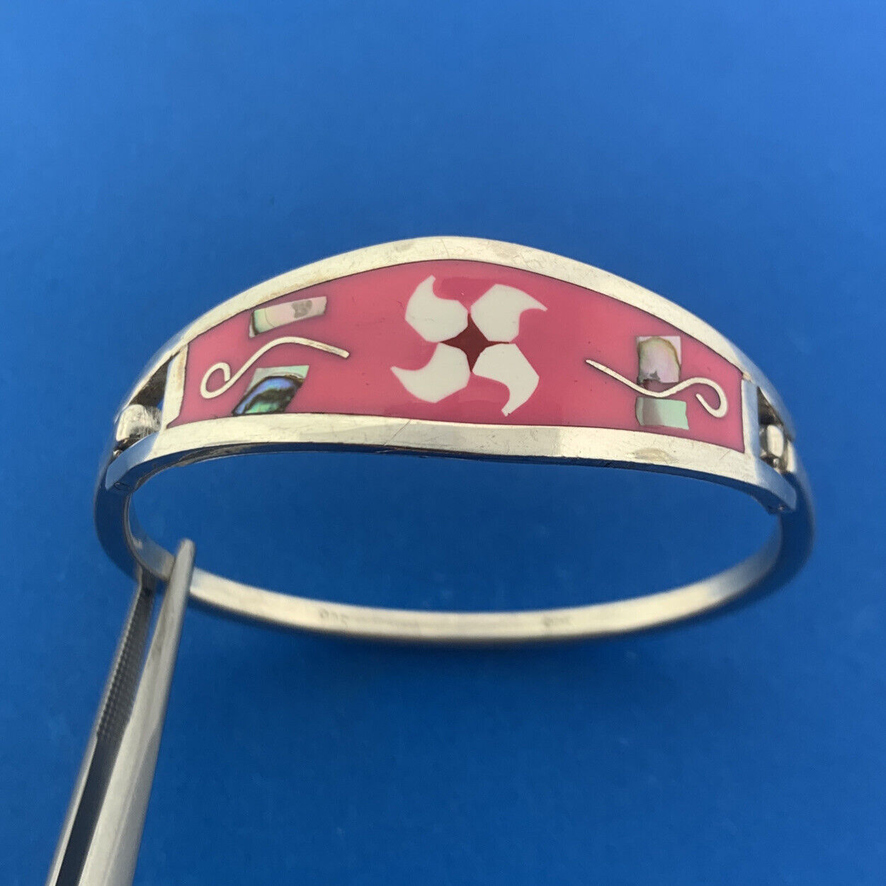 Mexico Silver Tone Enamel Mother of Pearl Abalone Childs Hinged Cuff Bracelet
