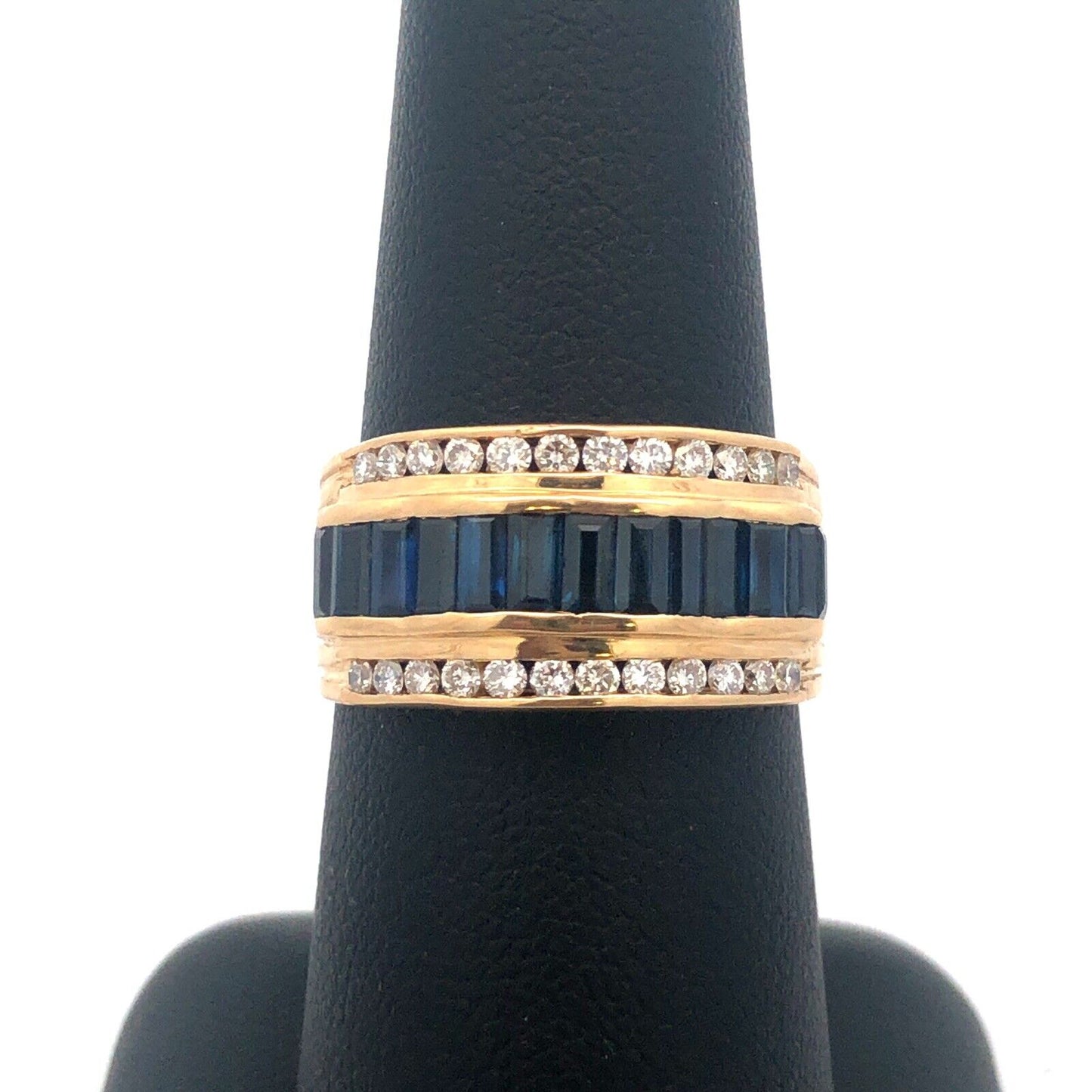 Vintage 14K Yellow Gold Sapphire Diamond Wedding Anniversary Wide Band Ring
