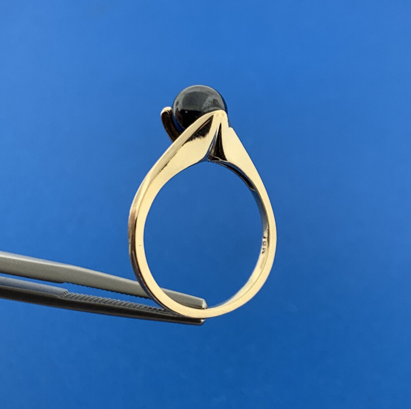 Designer Spring 10k Yellow Gold Cabochon Black Onyx Sphere Ring Size 6.25