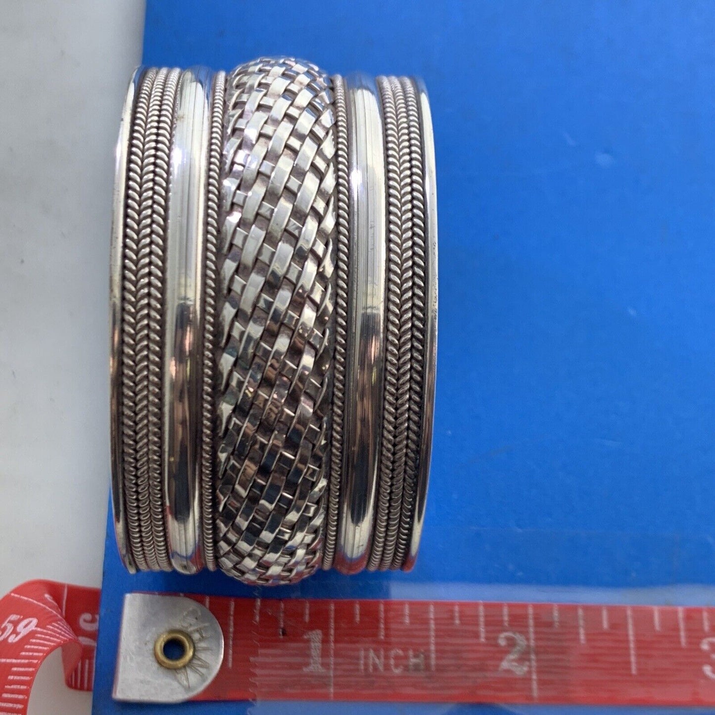 Sterling Silver 925 Basket Weave Ribbed Polished Wide Statement Cuff Bracelet