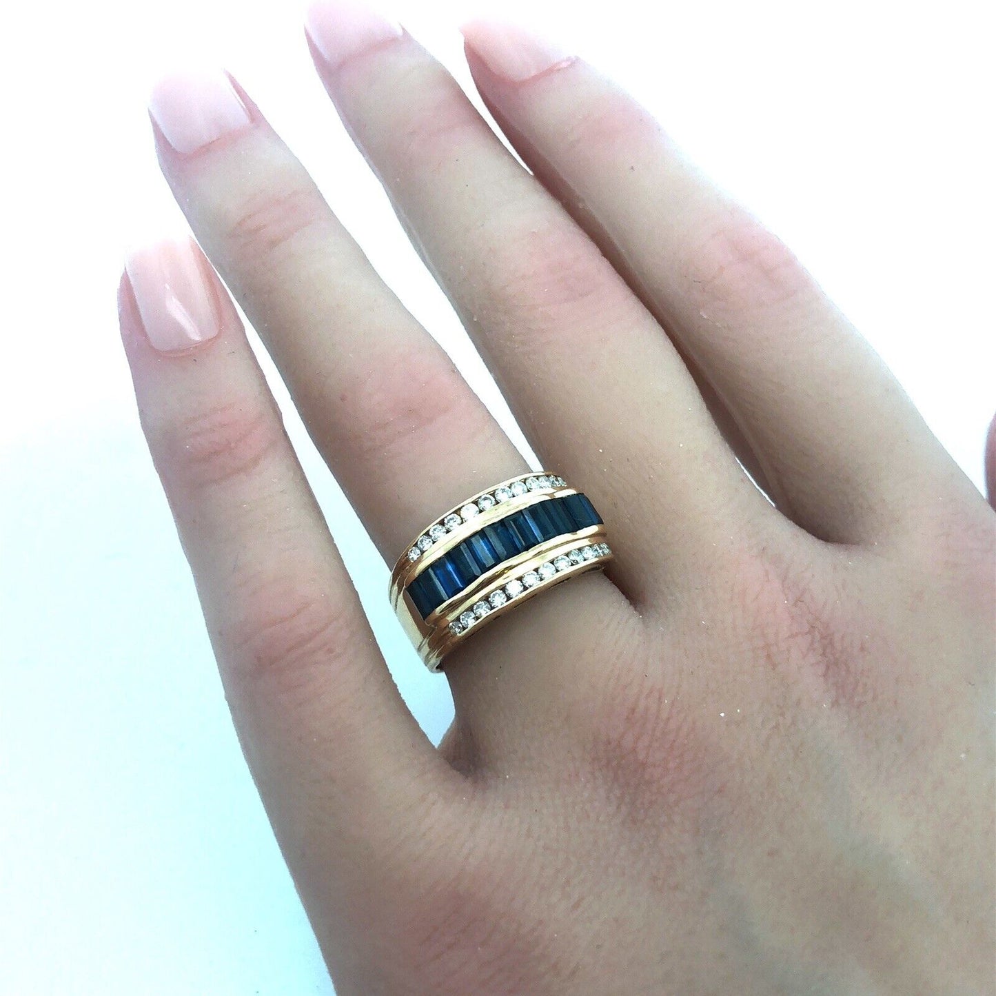 Vintage 14K Yellow Gold Sapphire Diamond Wedding Anniversary Wide Band Ring